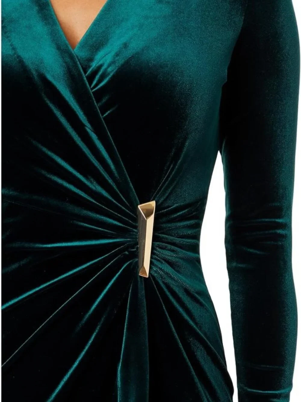 Calvin Klein Green Velvet V-Neck Dress with Gold V-Bar and Side Ruching NWOT - Picture 2 of 9